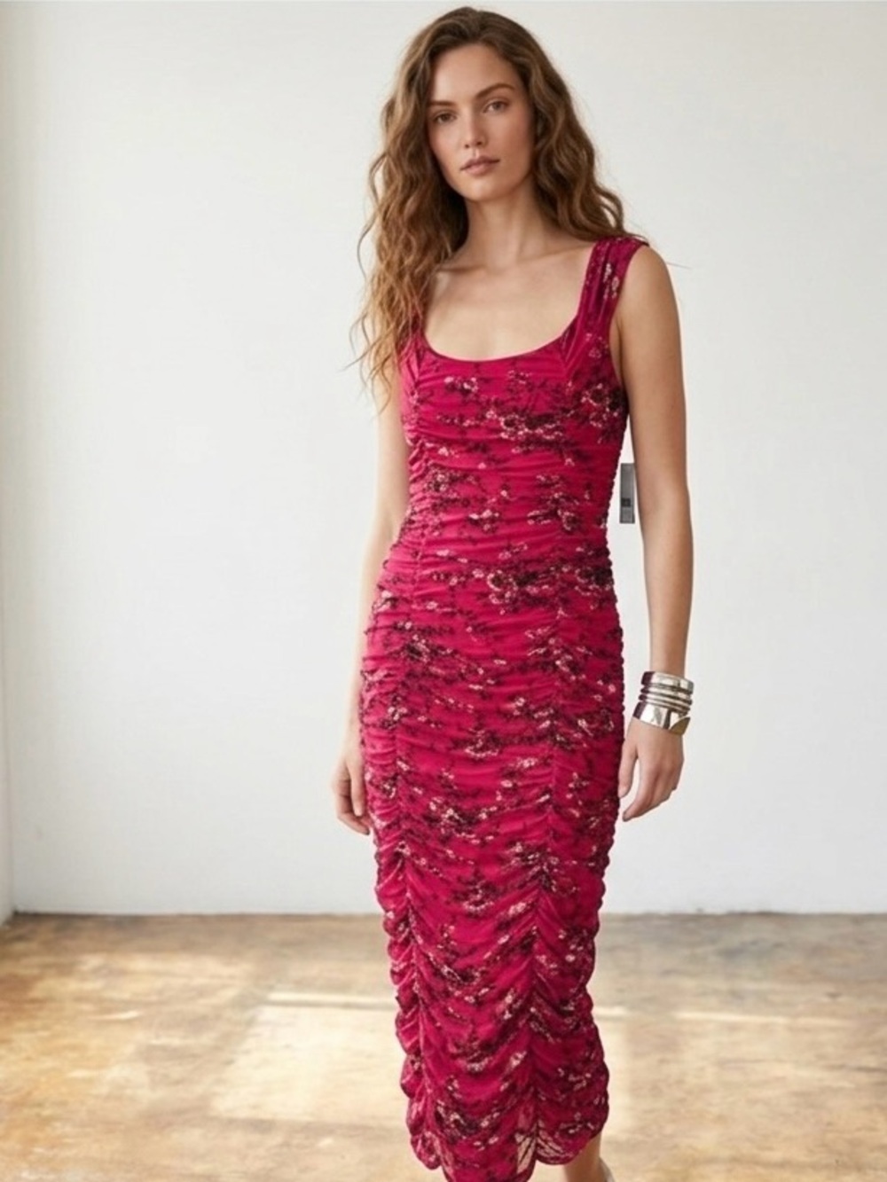 Leith Floral Ruched Midi Dress - Burgundy